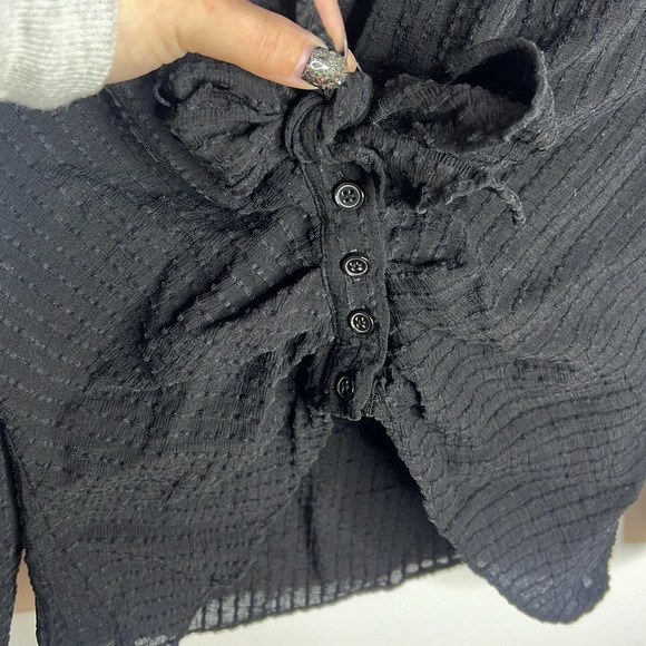 ZARA Knotted V Neck Collard Button Front Wide Sleeve Draped Textured Blouse - Picture 4 of 12